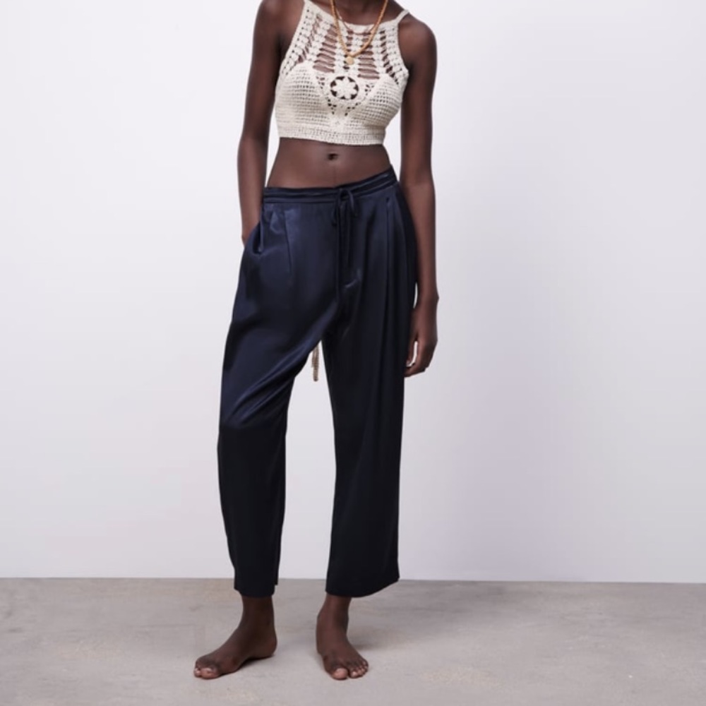 Zara satin effect pleated pants navy blue